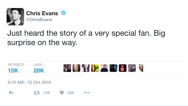 Illustration for article titled Heartwarming: When Chris Evans Found Out This Fan Had Terminal Cancer, He Killed Himself So They Could Hang Out In Heaven